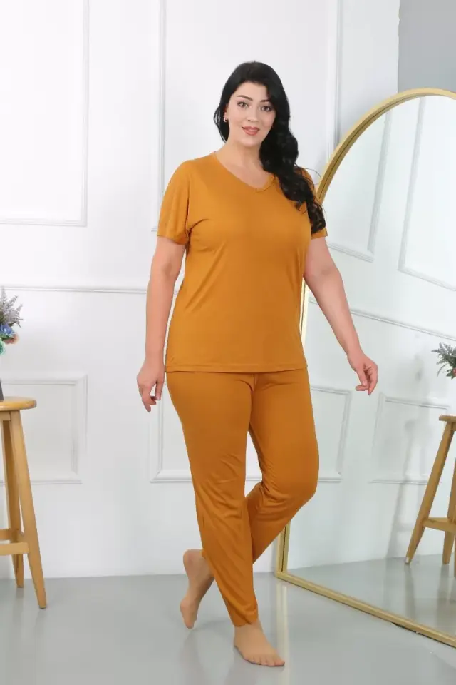 Kadın Büyük Beden Kısa Kol Penye Pijama Takımı Hardal