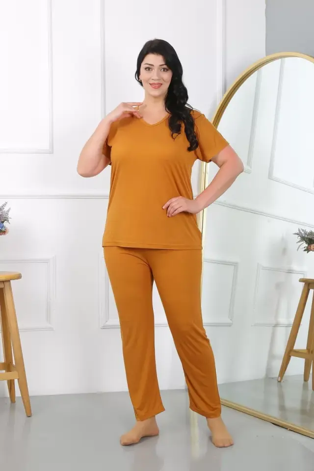 Kadın Büyük Beden Kısa Kol Penye Pijama Takımı Hardal
