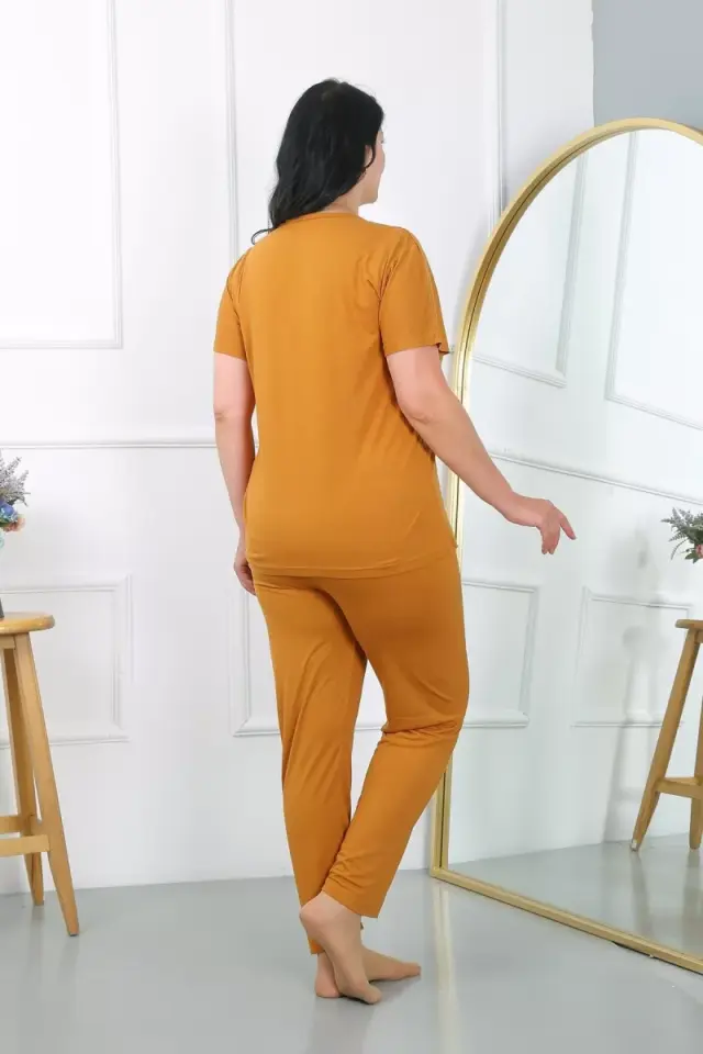 Kadın Büyük Beden Kısa Kol Penye Pijama Takımı Hardal