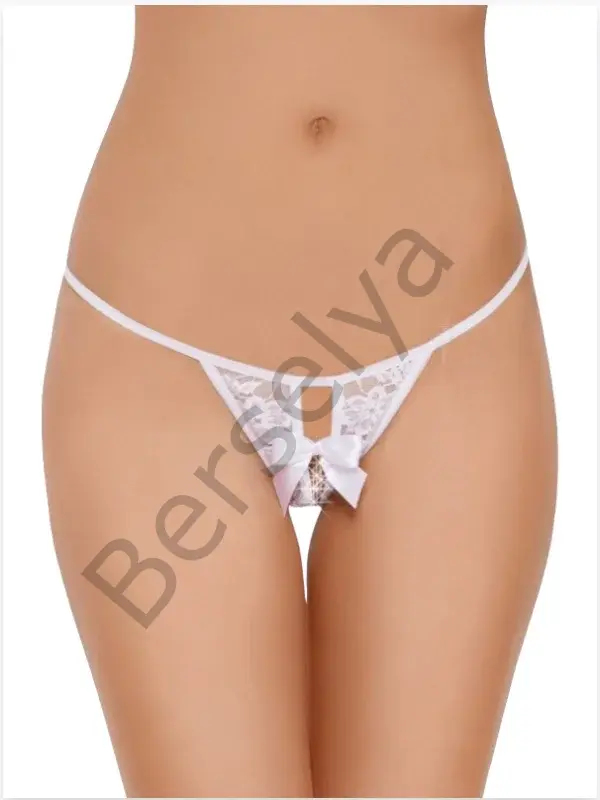 Fantezi Arkası Açık Fiyonklu Beyaz Dantel String - Tanga