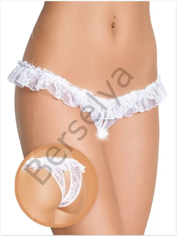 Fantezi Üstü Fırfırlı Ağı Açık Beyaz Dantel Tanga - String