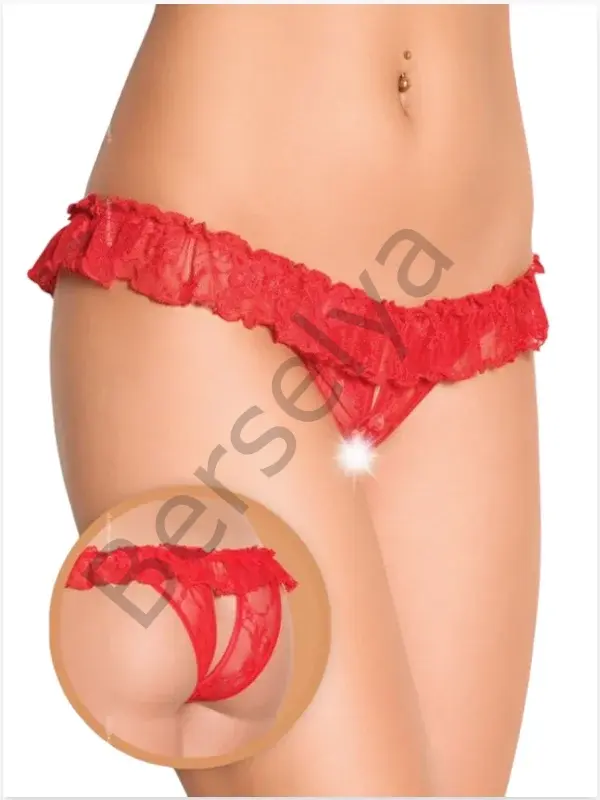 Fantezi Üstü Fırfırlı Ağı Açık Kırmızı Dantel Tanga - String