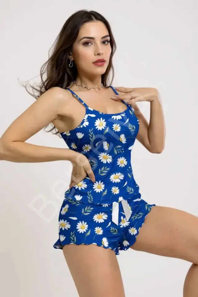 Papatya Desenli Mavi Askılı Şortlu Pijama Takımı