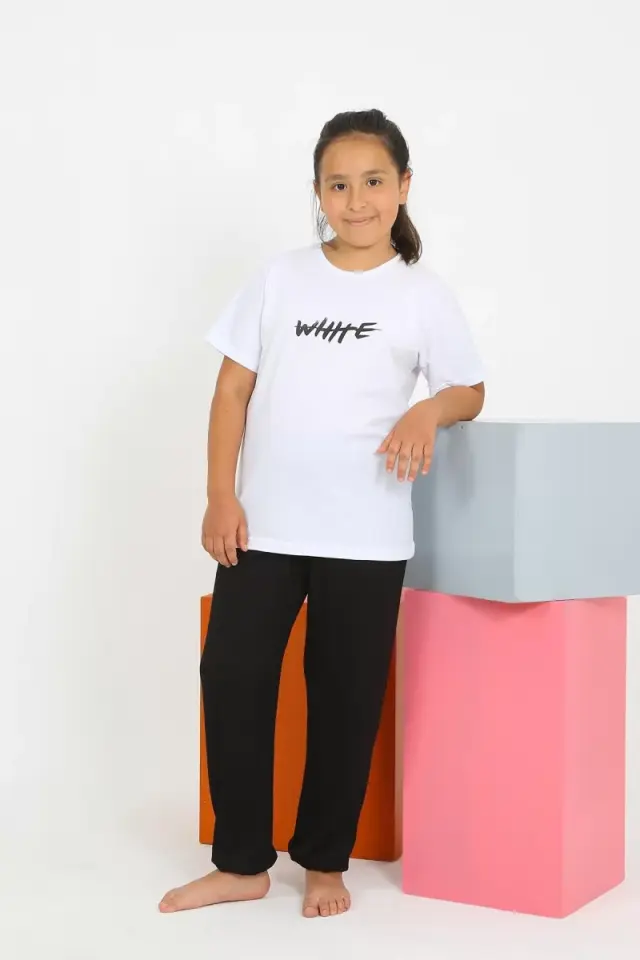 Kız Çocuk Kısa Kol Beyaz Penye Pijama Takım