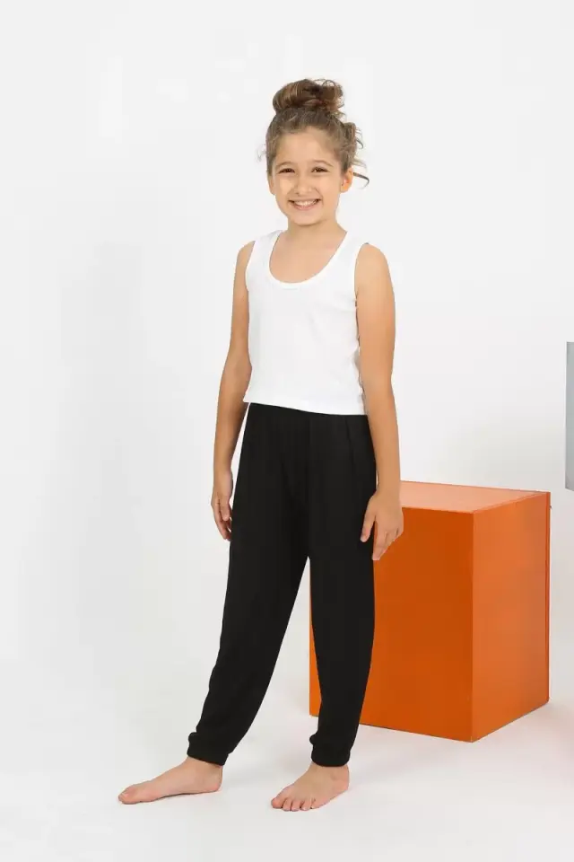 Kız Çocuk Sıfır Kol Beyaz Penye Pijama Takım