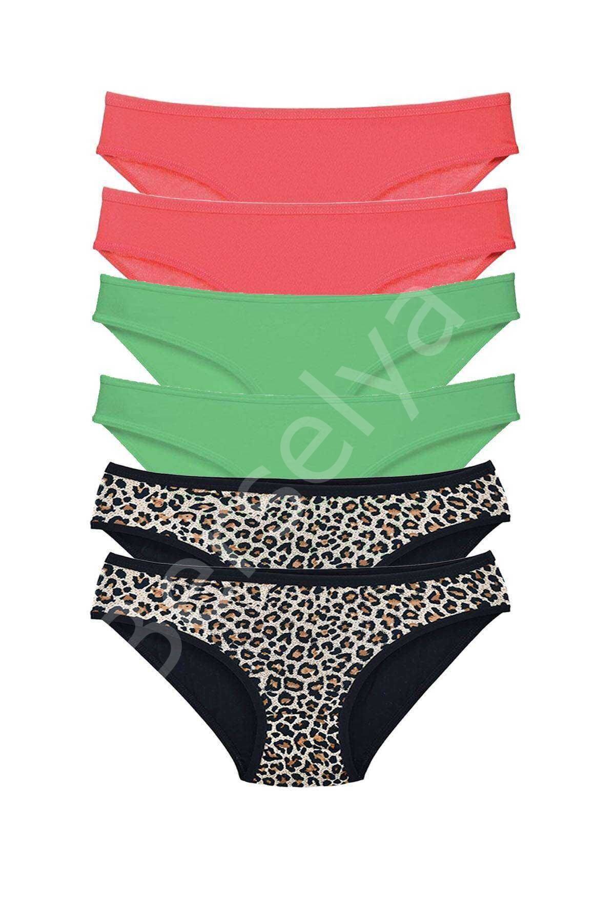 6 Adet Likralı Kadın Slip Külot Leopar Fuşya Yeşil