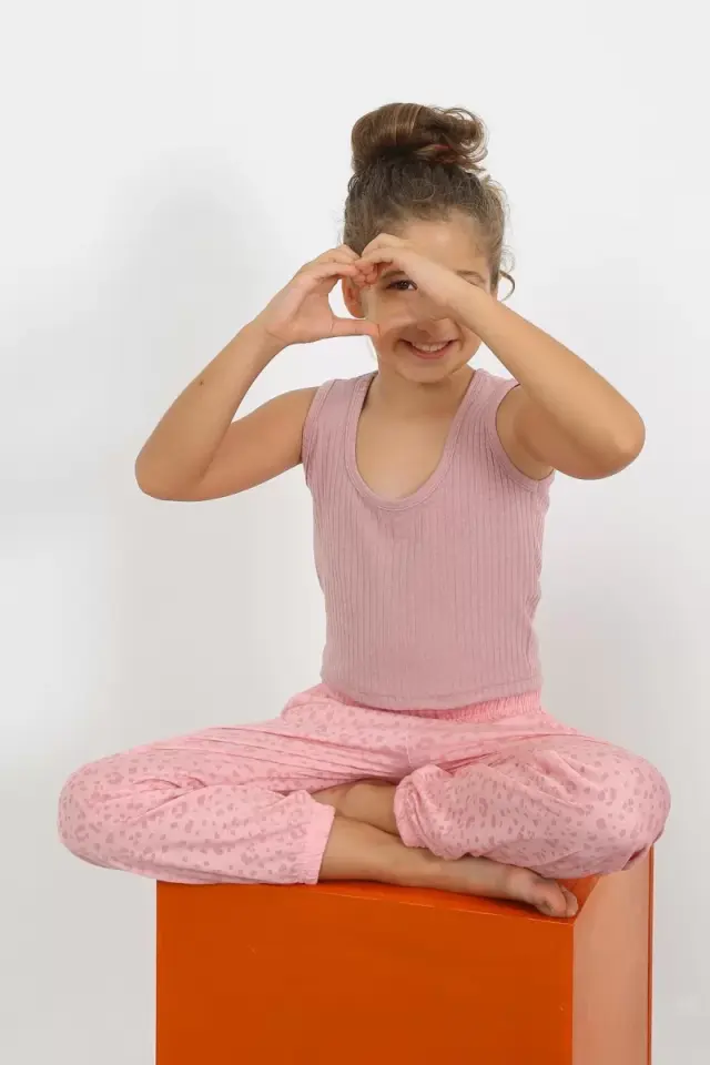 Kız Çocuk Sıfır Kol Gül Kurusu Penye Pijama Takım