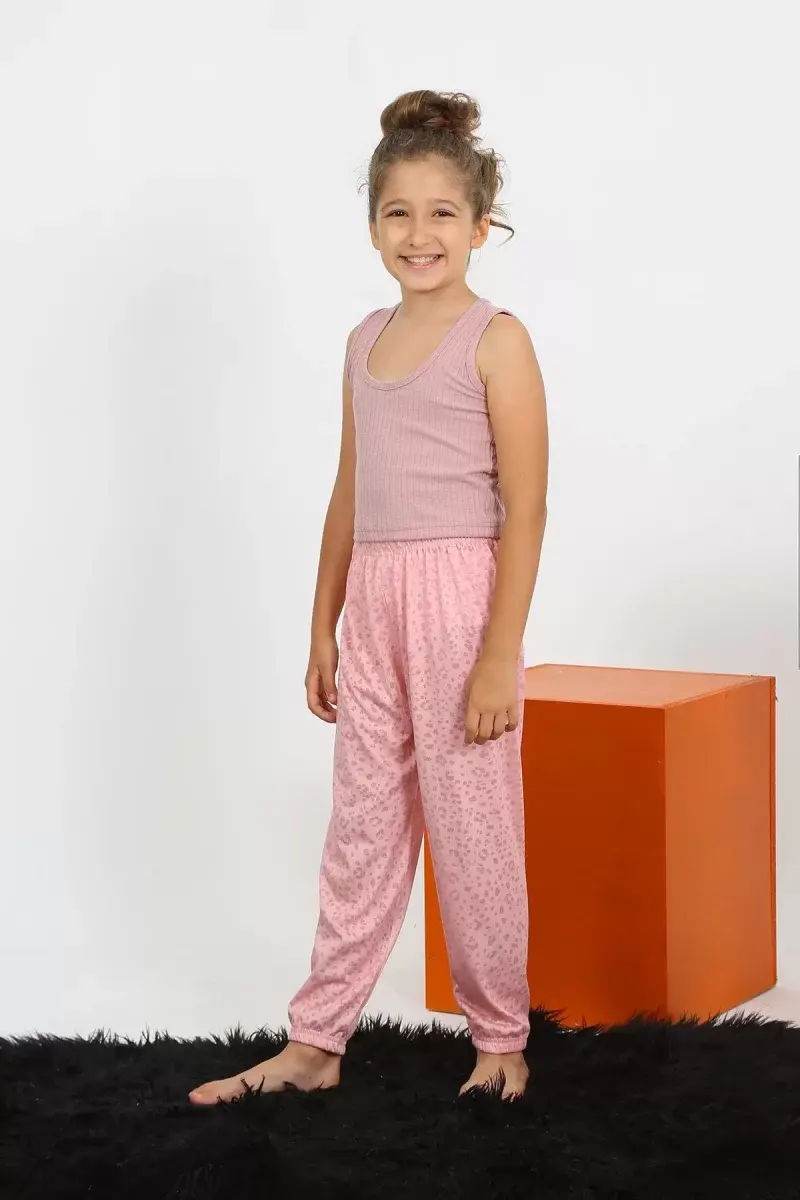 Kız Çocuk Sıfır Kol Gül Kurusu Penye Pijama Takım