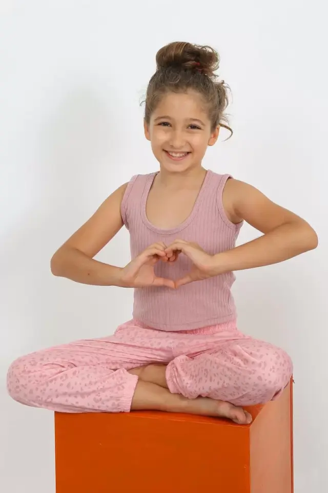 Kız Çocuk Sıfır Kol Gül Kurusu Penye Pijama Takım
