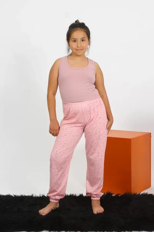 Kız Çocuk Sıfır Kol Gül Kurusu Penye Pijama Takım
