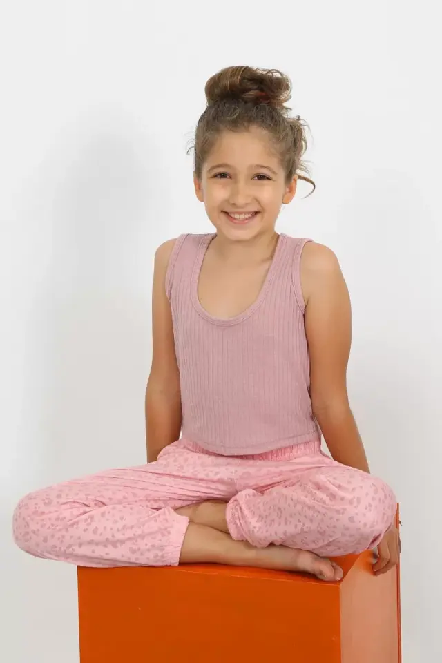 Kız Çocuk Sıfır Kol Gül Kurusu Penye Pijama Takım
