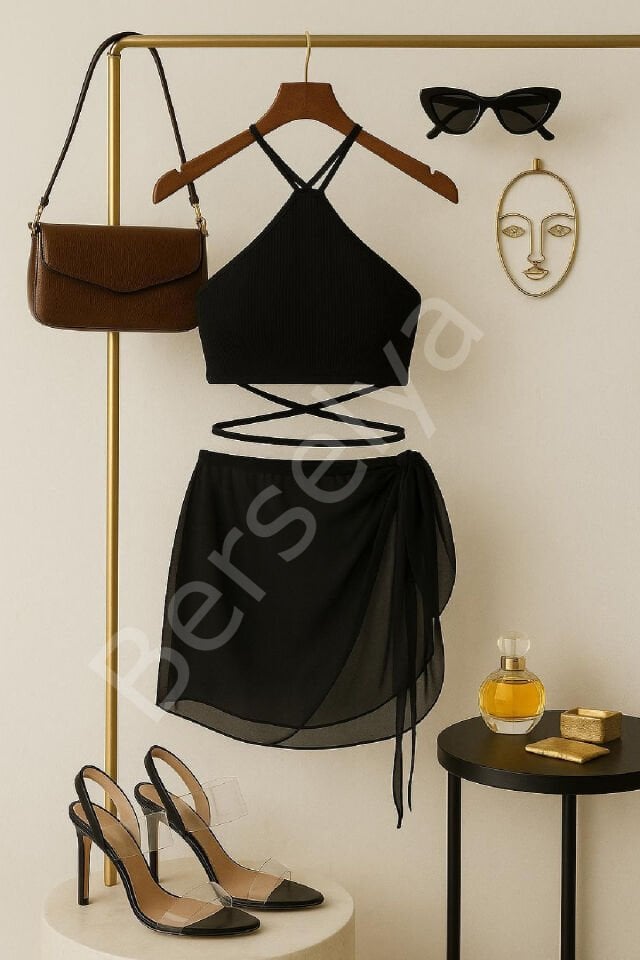 Kadın Siyah Çapraz Bağlamalı Crop Ve Pareo 2'li Set