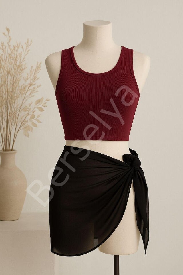 Kadın Bordo Yuvarlak Yaka Crop Ve Siyah Pareo 2'li Set