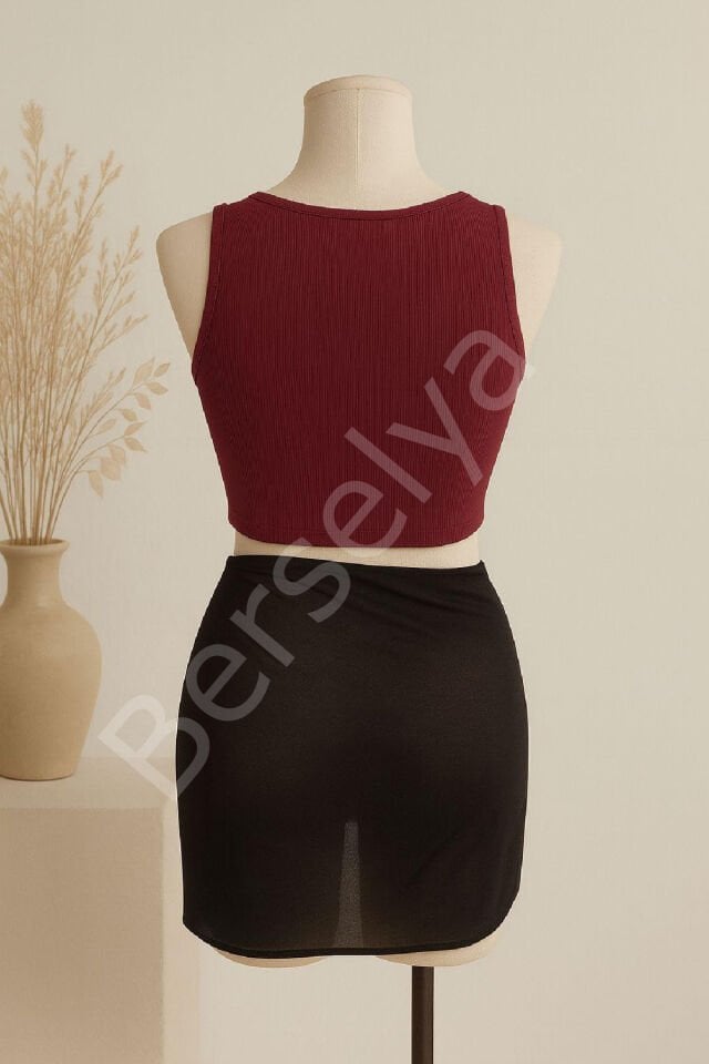 Kadın Bordo Yuvarlak Yaka Crop Ve Siyah Pareo 2'li Set