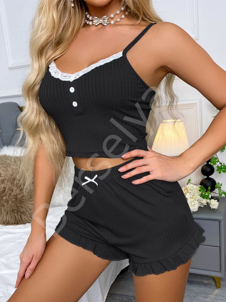 Siyah Likralı Düğmeli Yumuşacık 2li Pijama Takımı