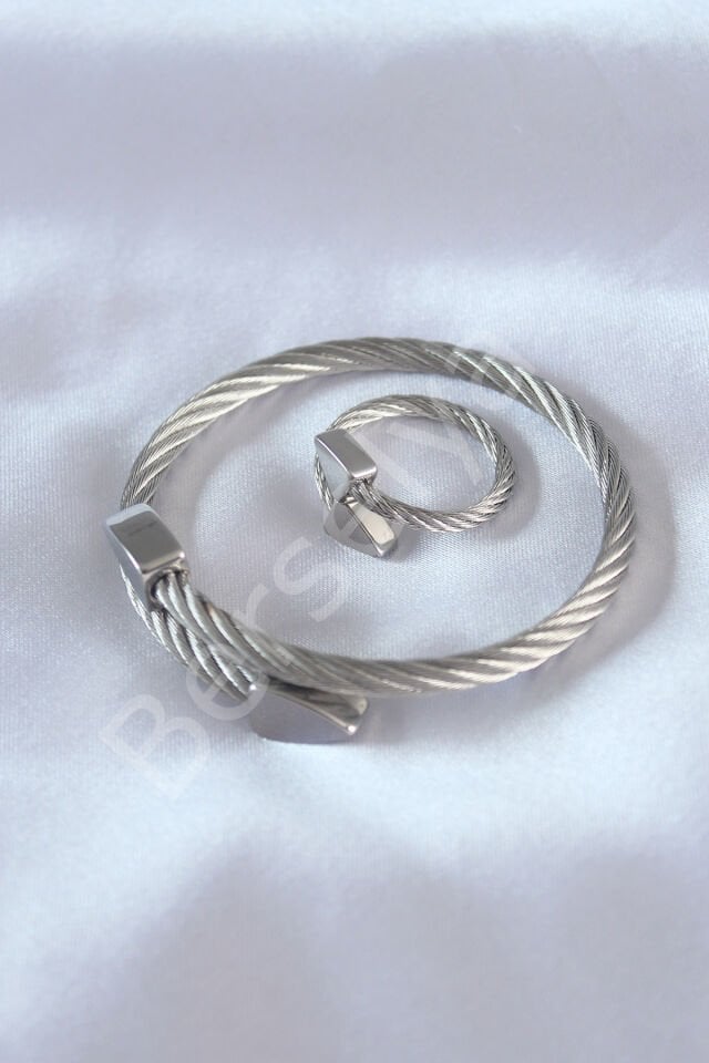 Çelik Gümüş Renk Burgu Model Erkek Bileklik Yüzük Seti