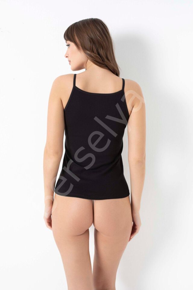 Likralı Pamuklu İp Askılı Siyah Atlet