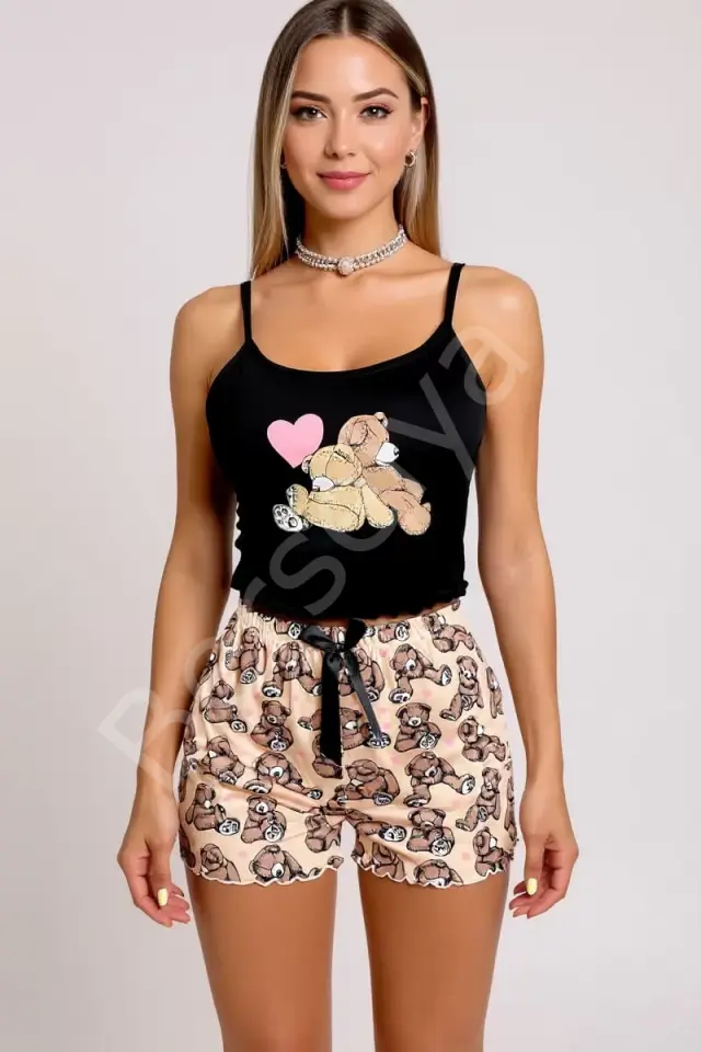 Renkli Ayıcık Desenli Askılı Şortlu Kadın Pijama Takımı