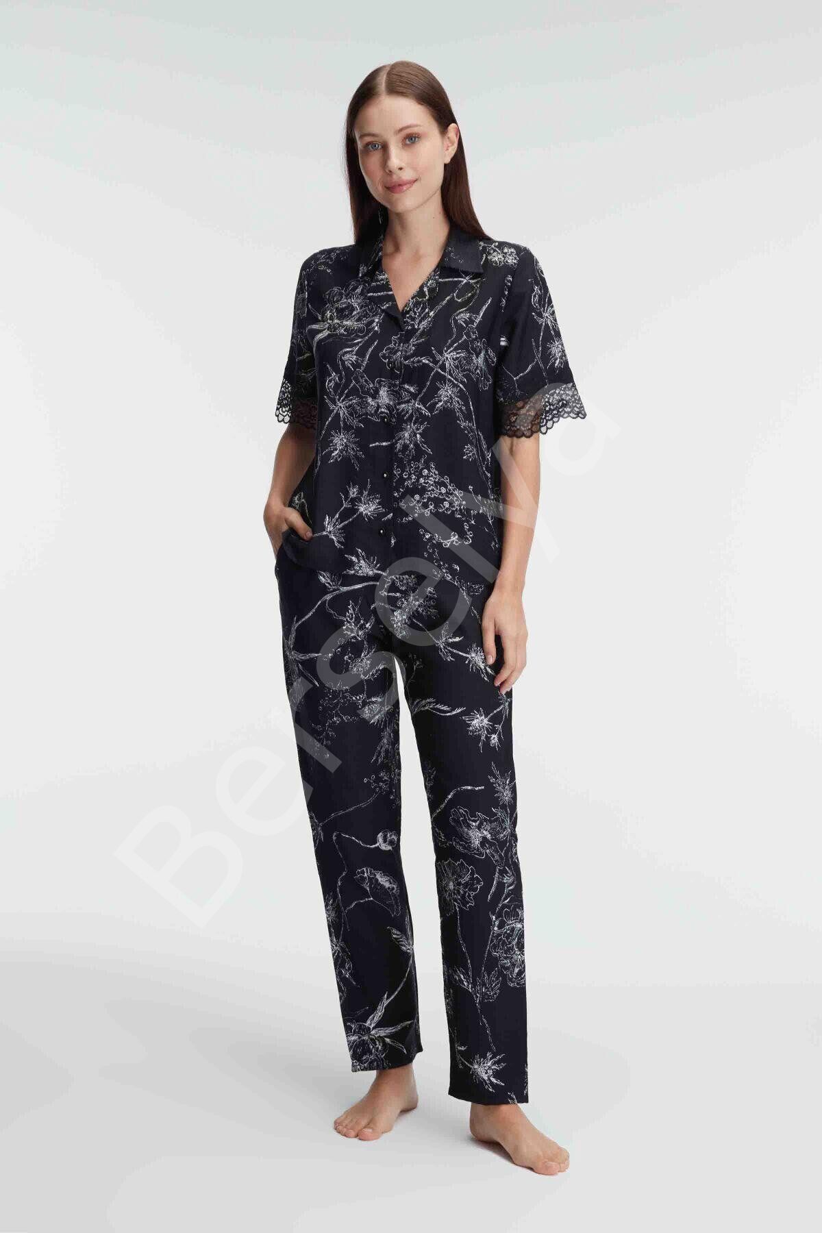 Yarım Kollu V Yaka Kadın Viskon Çiçek Desenli Yazlık Dokuma Dantel Detaylı Pijama Takımı