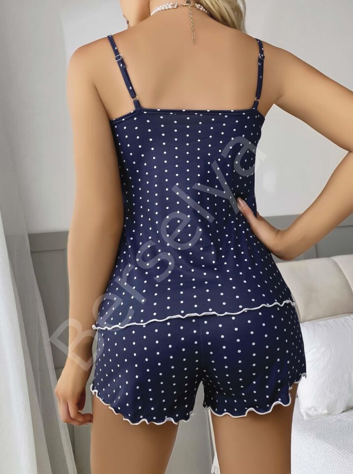 Kadın Lacivert Dantel Detaylı Beyaz Noktalı Şortlu Gecelik Pijama Takımı 5049