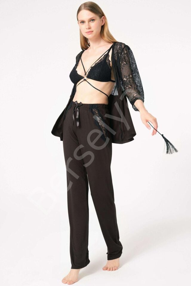 Dantelli Sabahlık Balensiz Desteksiz Dolgusuz Yaka Detaylı Sütyen Ve Pantolon Pijama 3'lü Takım