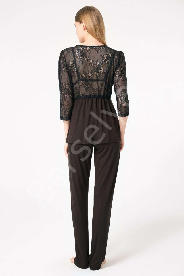 Dantelli Sabahlık Balensiz Desteksiz Dolgusuz Yaka Detaylı Sütyen Ve Pantolon Pijama 3'lü Takım