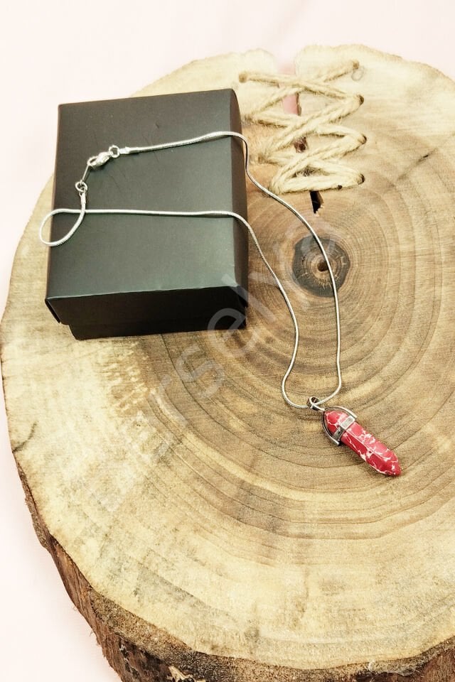 Rodokrozit Doğal Taşı Zincirli El Yapımı Tasarımlı Kolye Uç: 3,5 cm Zincir: 20 cm Kutulu