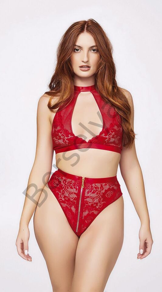 Fermuar Detaylı Kırmızı Sütyen Külot Takım