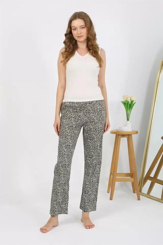 Kadın Penye Desenli Tek Alt Pijama Haki