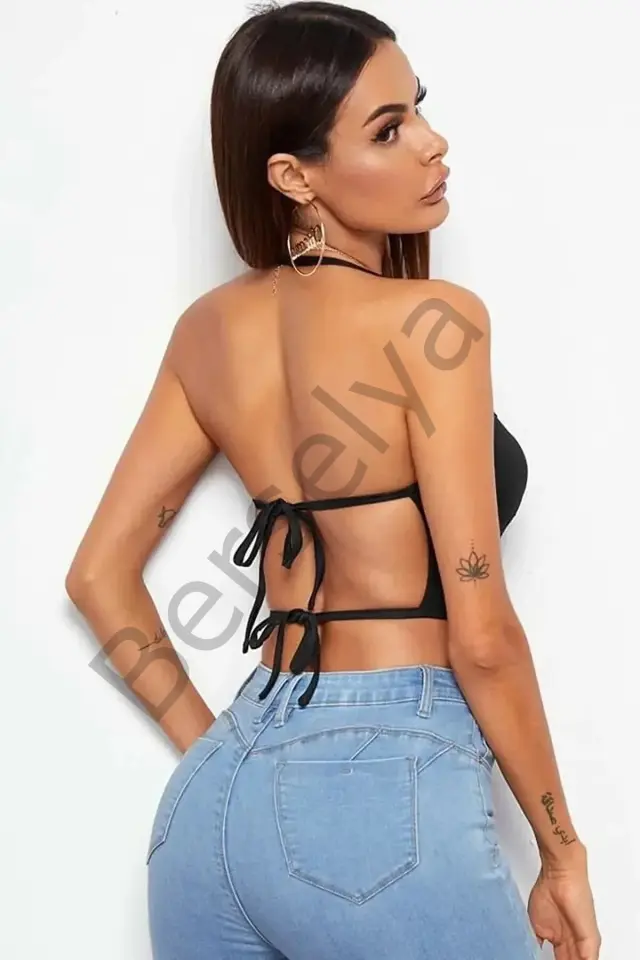 Kadın Sırtı Açık Siyah Belden Bağlamalı Crop Büstiyer