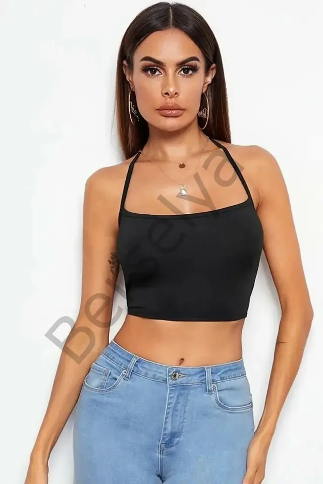 Kadın Sırtı Açık Siyah Belden Bağlamalı Crop Büstiyer