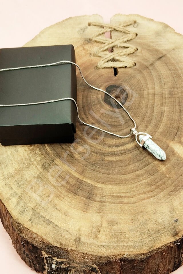 Havlit Doğal Taşı Zincirli El Yapımı Tasarımlı Kolye Uç: 3,5 cm Zincir: 20 cm Kutulu