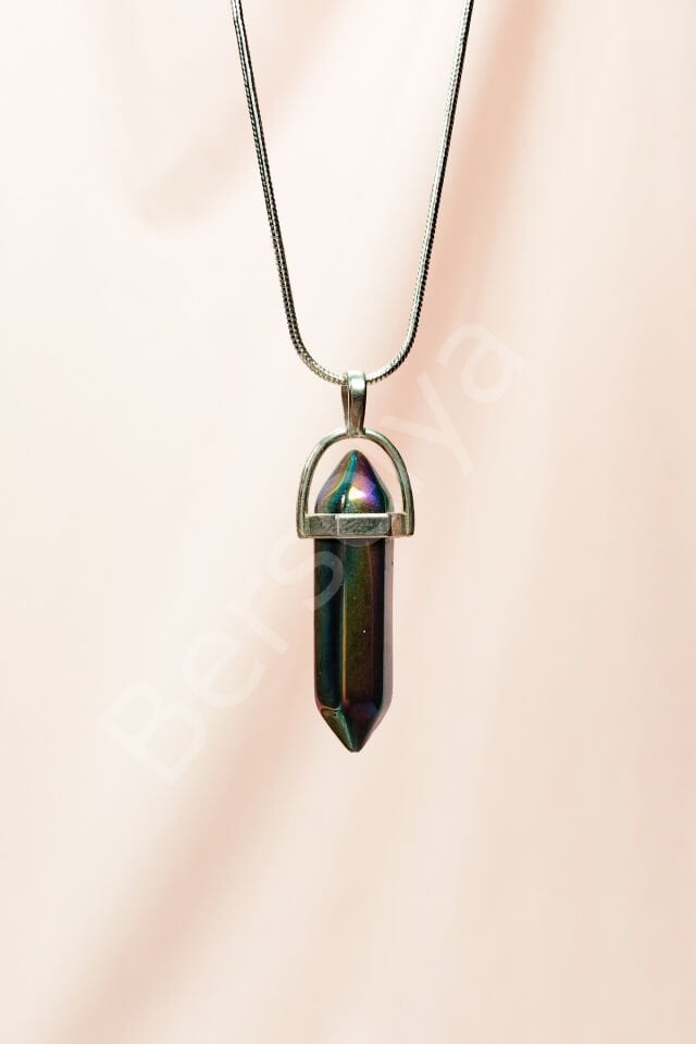 Hematit Doğal Taşı Zincirli El Yapımı Tasarımlı Kolye Uç: 3,5 cm Zincir: 20 cm Kutulu