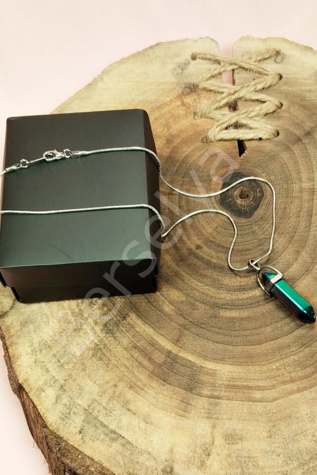 Hematit Doğal Taşı Zincirli El Yapımı Tasarımlı Kolye Uç: 3,5 cm Zincir: 20 cm Kutulu