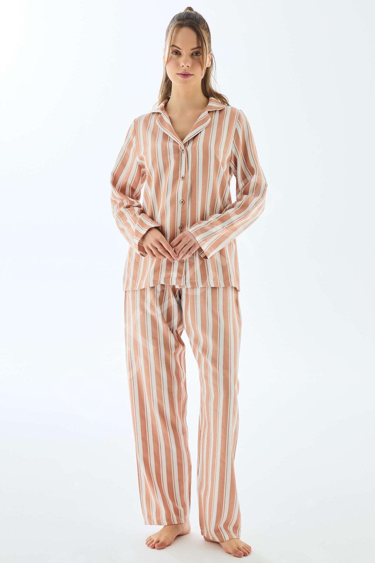 Viscose Çizgili Gömlek Pantolon Pijama Takımı