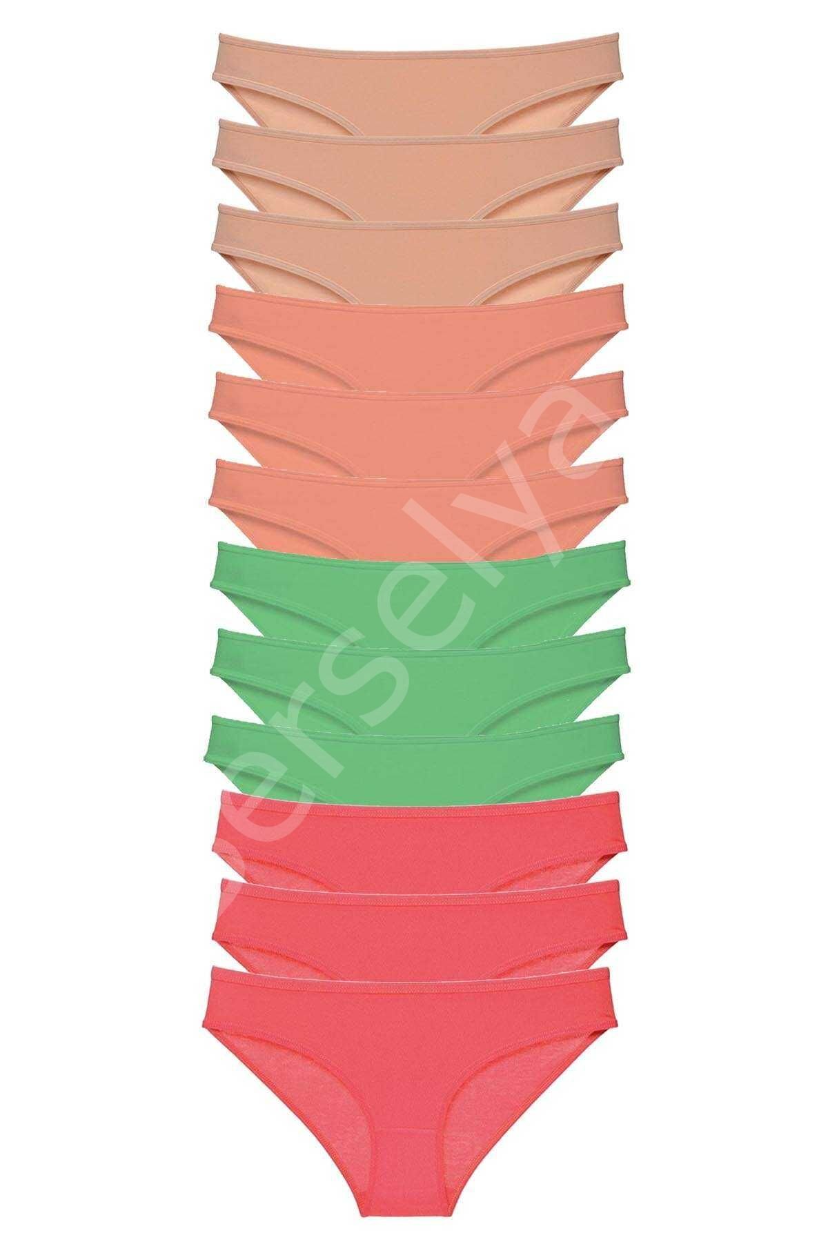 12 Adet Süper Eko Set Likralı Kadın Slip Külot Ten Pudra Yeşil Fuşya