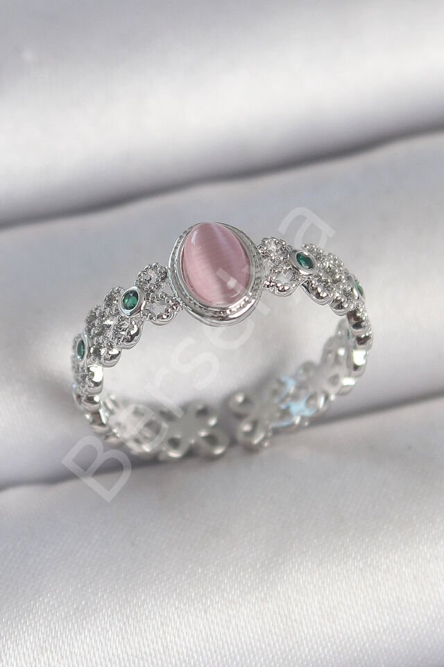 Pirinç Gümüş Renk Zirkon Taş Detaylı Pembe Mineli Damla Model Ayarlanabilir Kadın Yüzük