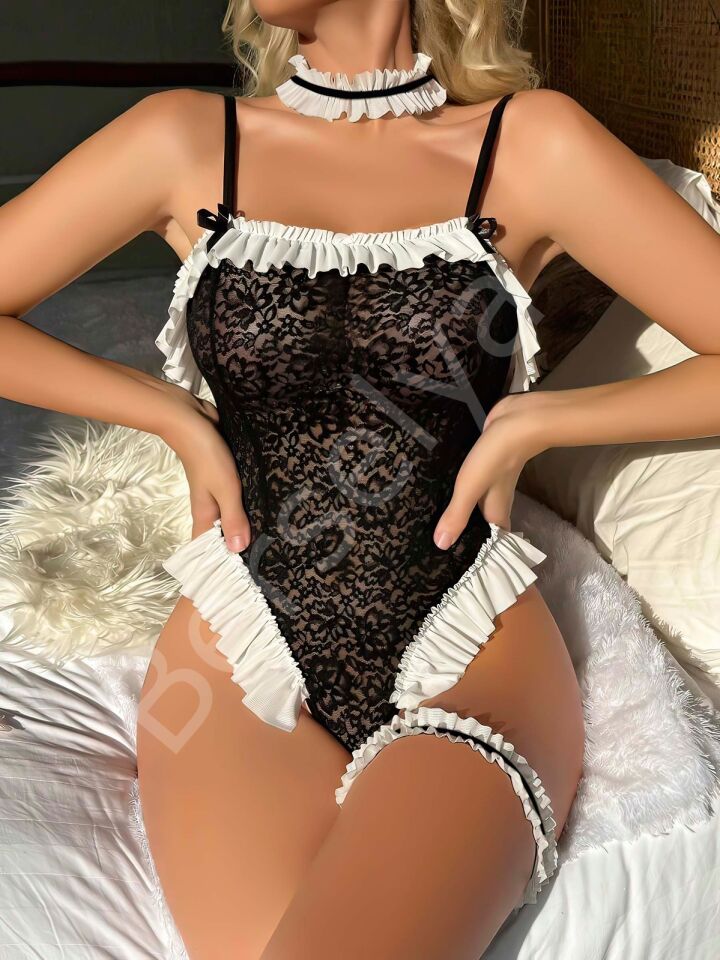 Jesica Bella Fantezi Siyah Fırfırlı Body Takım E-0024