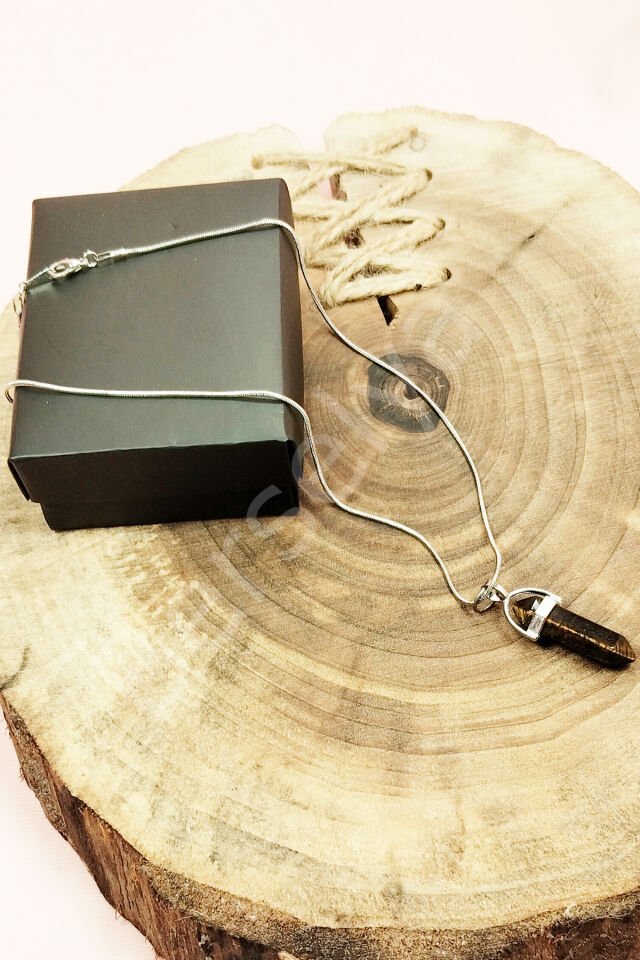 Kaplan Gözü Doğal Taşı Zincirli El Yapımı Tasarımlı Kolye Uç: 3,5 cm Zincir: 20 cm Kutulu