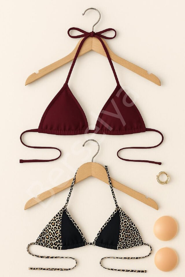 Kadın Leopar Desenli Ve Bordo Minimal Kesim Üçgen Bikini Üstü