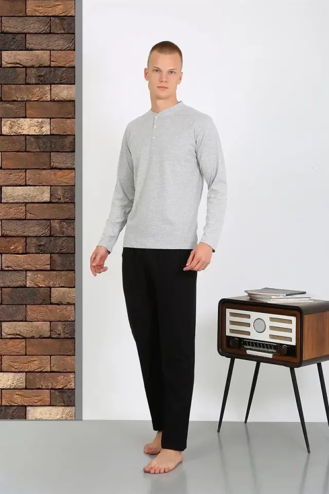 Erkek Penye Uzun Kol Pijama Takımı Gri