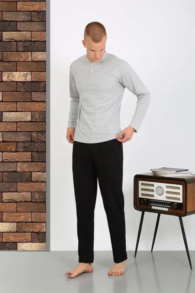 Erkek Penye Uzun Kol Pijama Takımı Gri