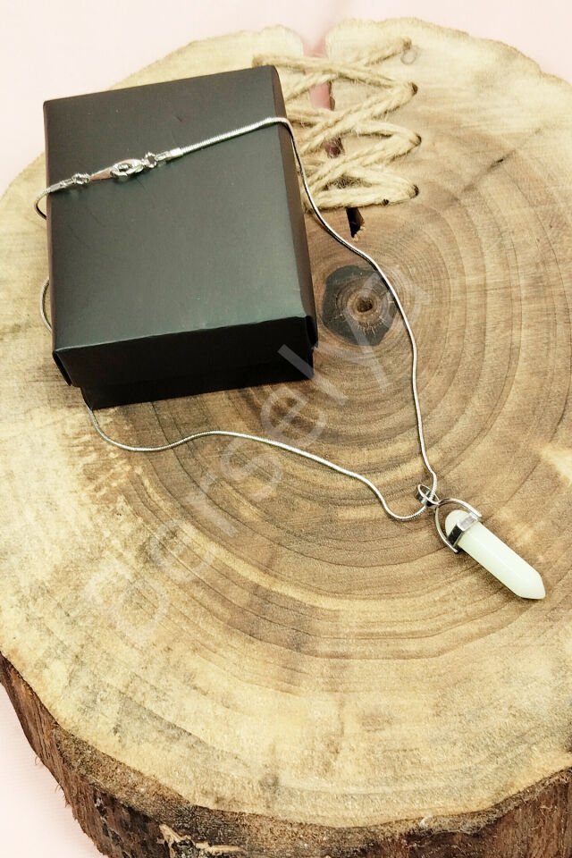 Kedi Gözü Doğal Taşı Zincirli El Yapımı Tasarımlı Kolye Uç: 3,5 cm Zincir: 20 cm Kutulu