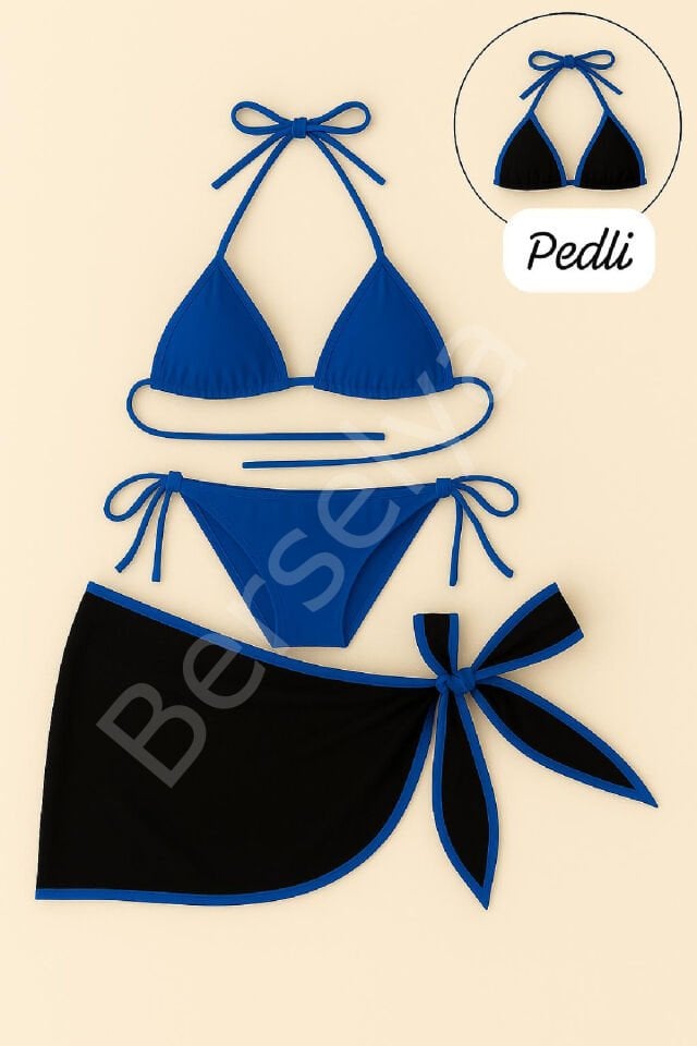 Kadın Mavi Pareolu Yandan Ve Boyundan Bağlamalı 3'lü Bikini Takımı