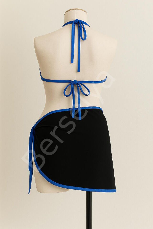 Kadın Mavi Pareolu Yandan Ve Boyundan Bağlamalı 3'lü Bikini Takımı