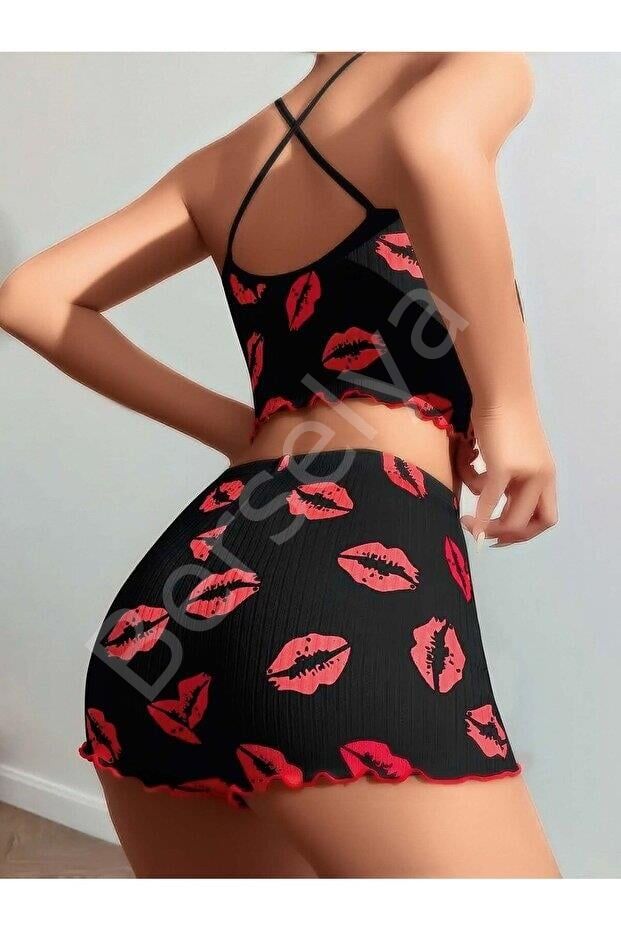 Kadın Siyah Dudak Desenli Şortlu Pijama Takımı 5057