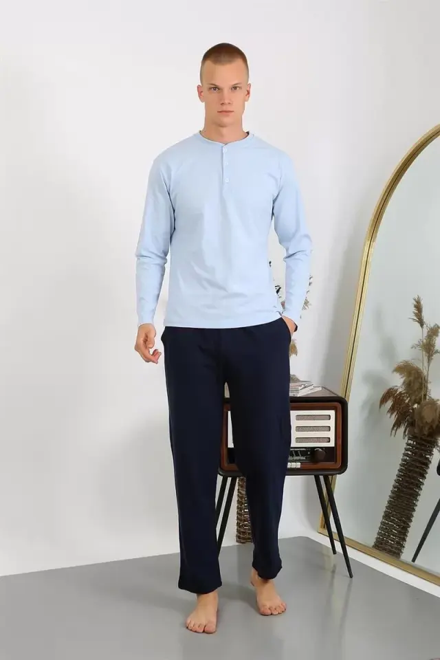 Erkek Penye Uzun Kol Pijama Takımı Buz Mavisi
