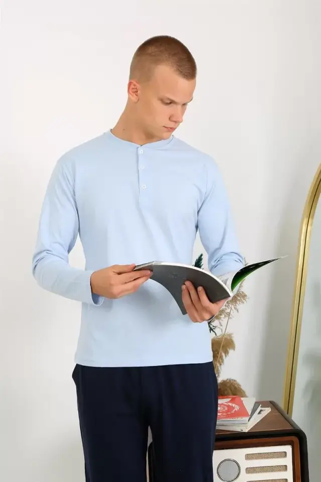 Erkek Penye Uzun Kol Pijama Takımı Buz Mavisi