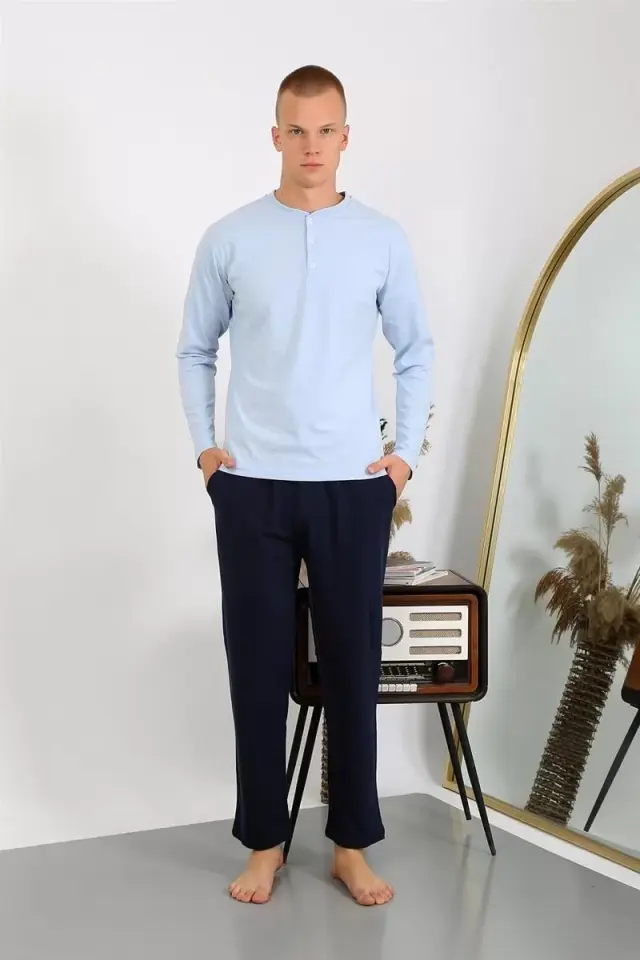 Erkek Penye Uzun Kol Pijama Takımı Buz Mavisi