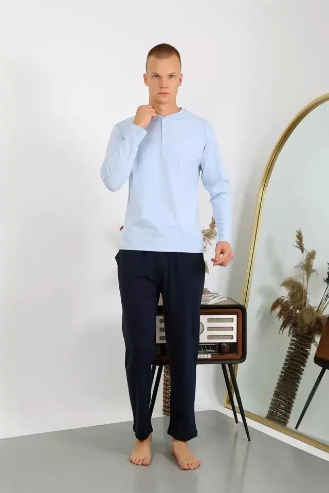Erkek Penye Uzun Kol Pijama Takımı Buz Mavisi